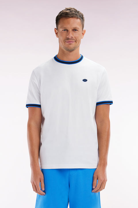 White cotton T-shirt with blue ribbing, relaxed fit - Image 1