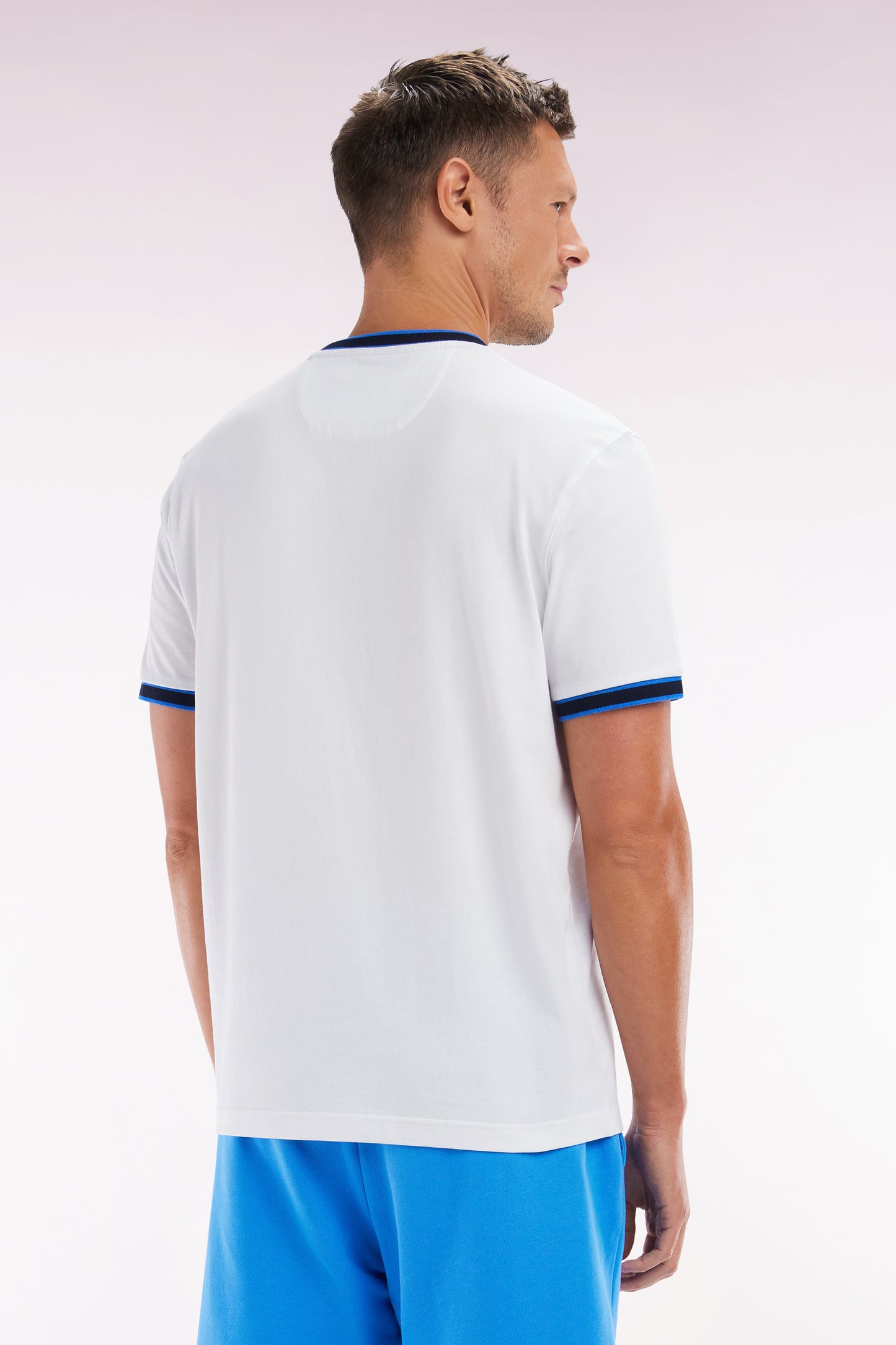 White cotton T-shirt with blue ribbing, relaxed fit