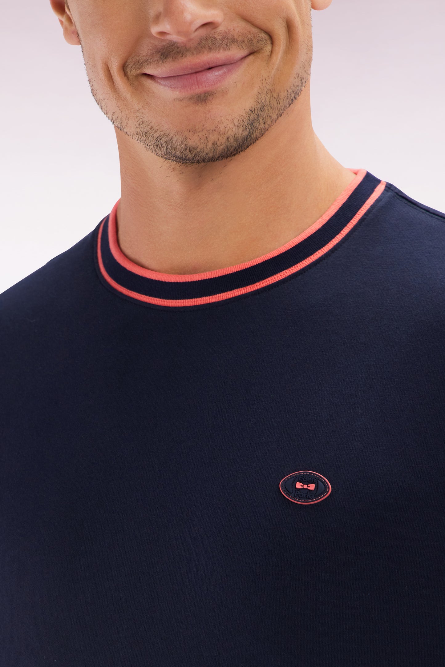Navy cotton T-shirt with coral ribbing, relaxed fit