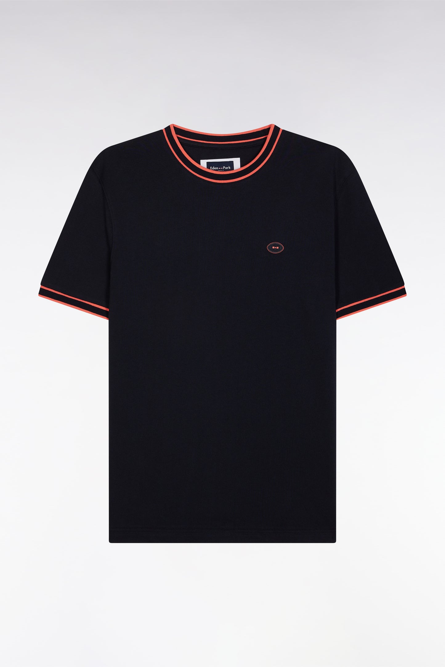 Navy cotton T-shirt with coral ribbing, relaxed fit