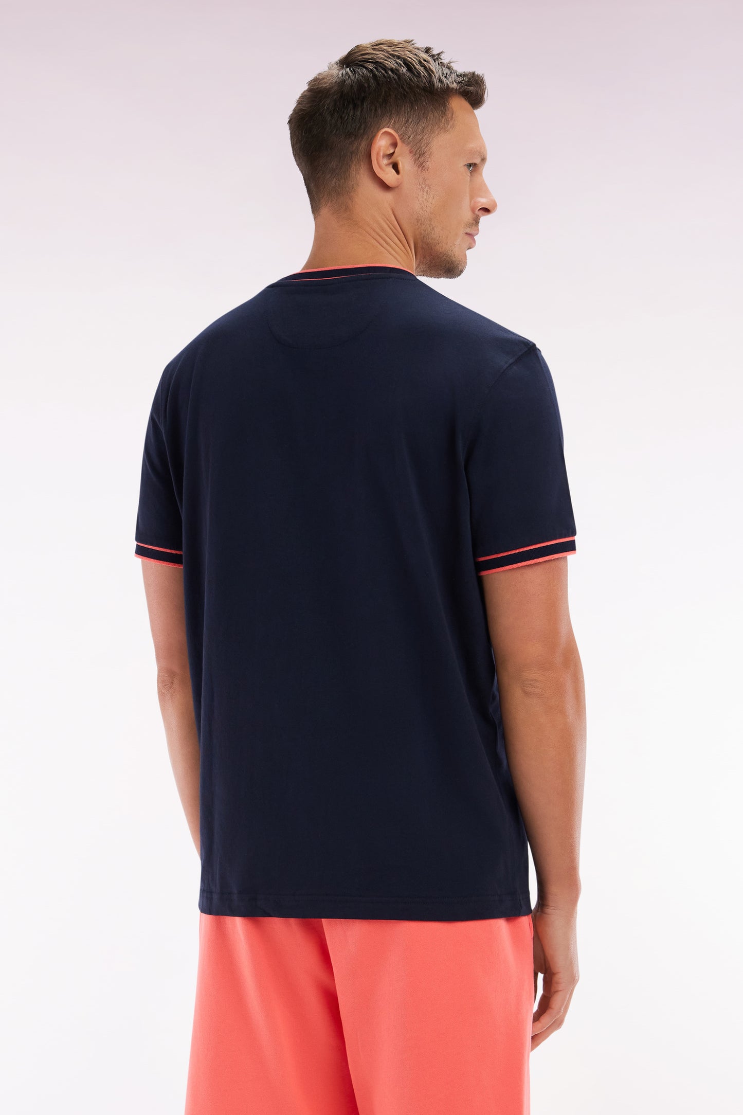 Navy cotton T-shirt with coral ribbing, relaxed fit