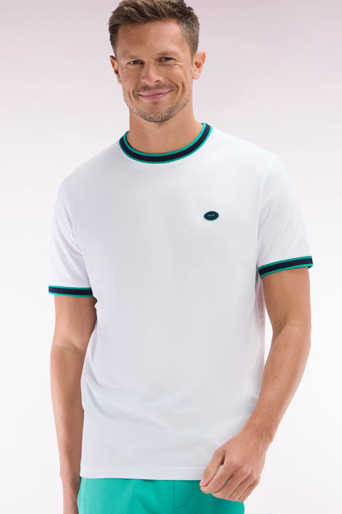 White cotton T-shirt with green ribbing, relaxed fit - Image 3