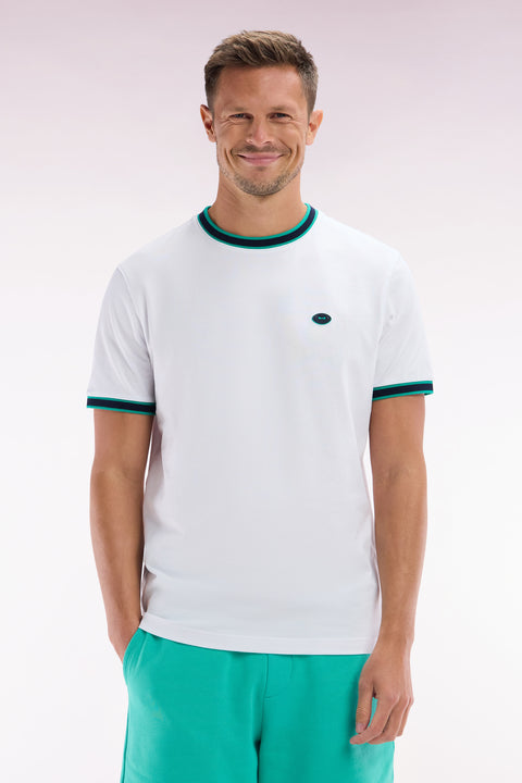 White cotton T-shirt with green ribbing, relaxed fit - Image 1