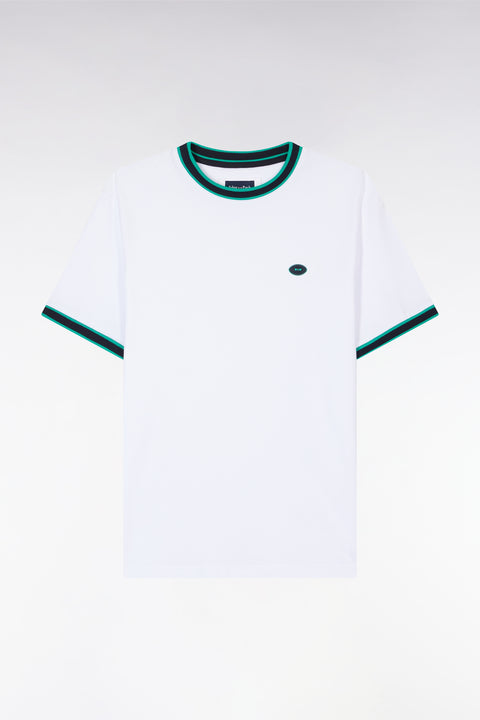 White cotton T-shirt with green ribbing, relaxed fit - Image 2