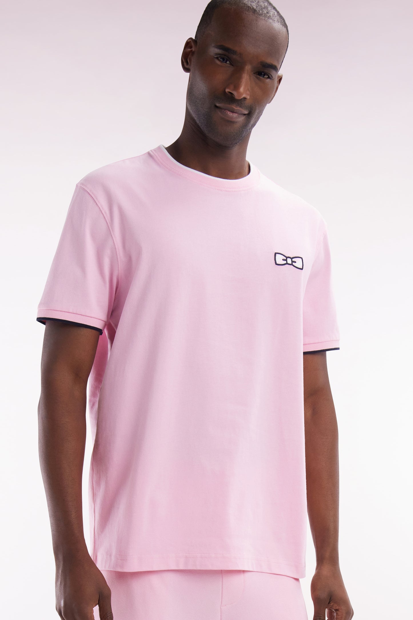 T-shirt in pink cotton embroidery bowed bowed downstream cutting