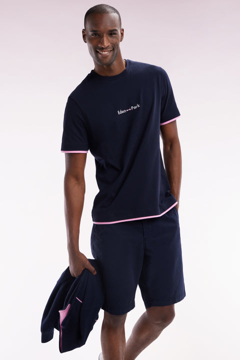 Straight-fit embroidered navy cotton T-shirt with a layering effect - Image 3