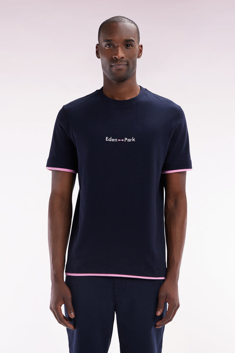 Straight-fit embroidered navy cotton T-shirt with a layering effect - Image 1