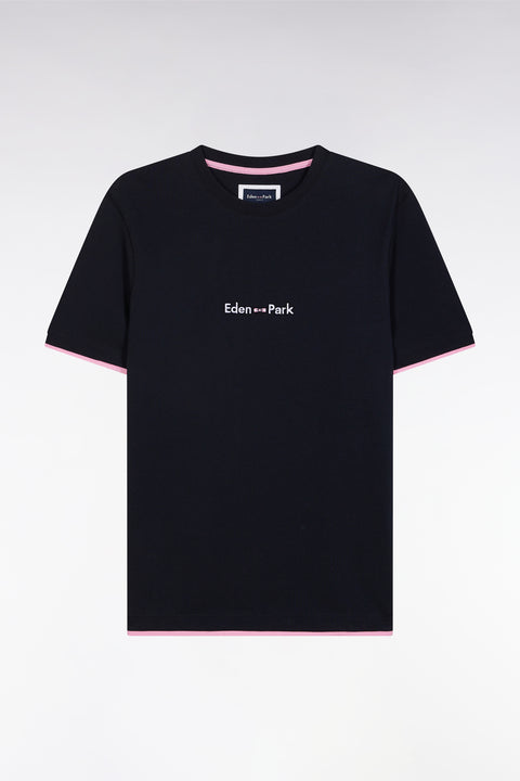 Straight-fit embroidered navy cotton T-shirt with a layering effect - Image 2
