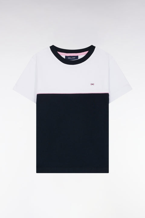 Two-tone T-shirt in navy cotton jersey, straight cut - Image 1