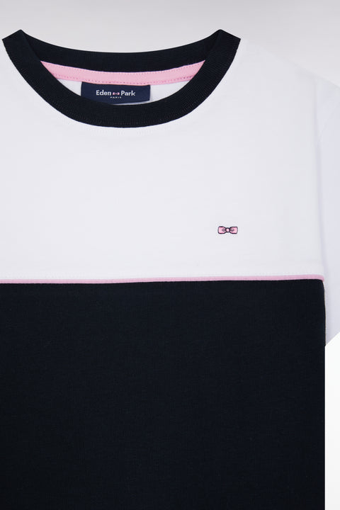 Two-tone T-shirt in navy cotton jersey, straight cut - Image 2