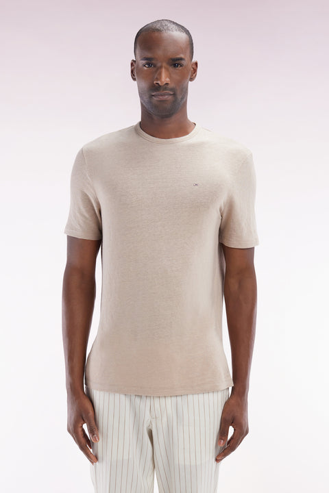 T-shirt uni en lin stretch beige coupe droite - Image 1