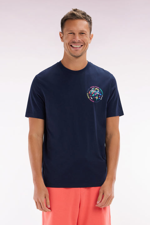 T-shirt in navy cotton with multicolored screen print, relaxed fit - Image 1