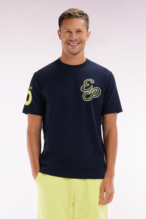 T-shirt in cotton navy yellow embroidery casual cut - Image 1
