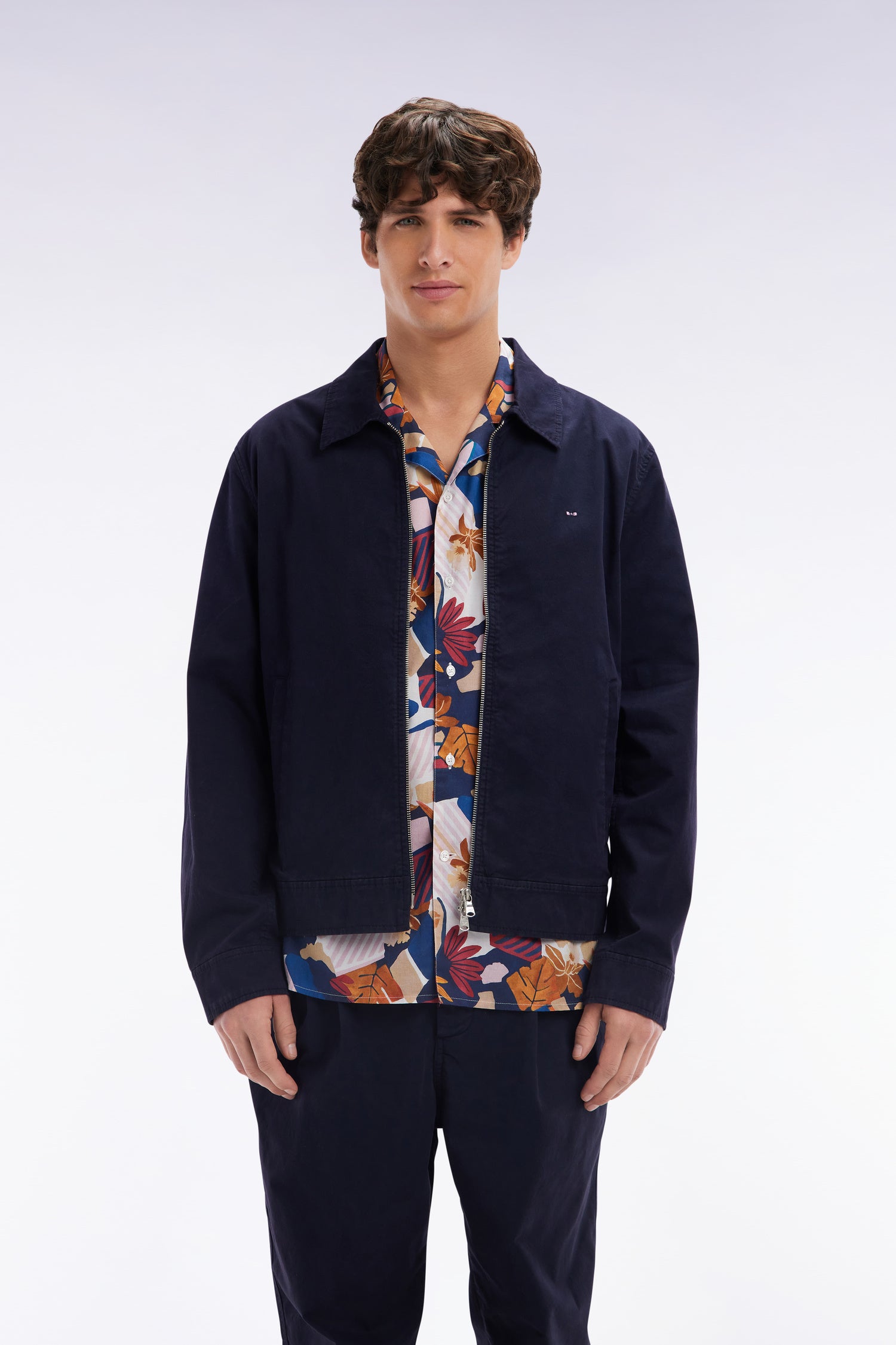 Blouson zippé en gabardine de coton stretch marine