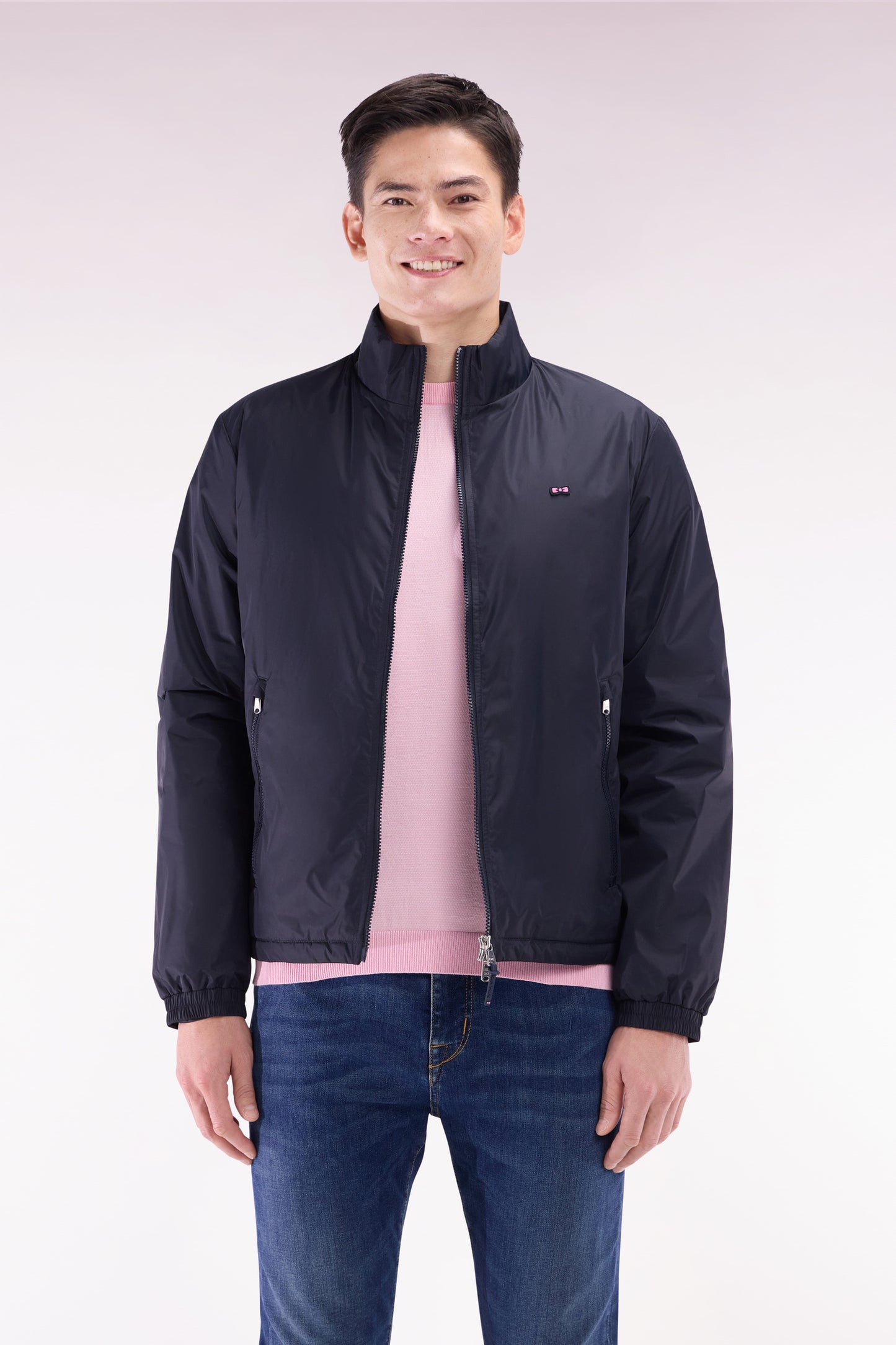 Blouson coupe-vent en nylon mat marine brodé