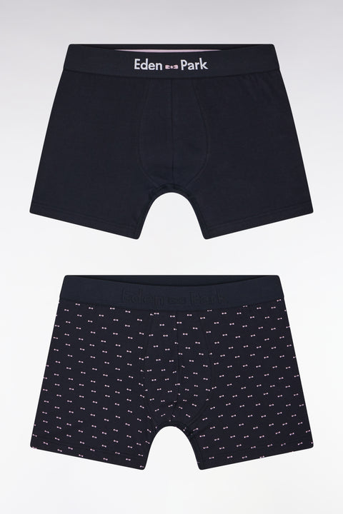 Set of two plain and printed boxer shorts in navy stretch cotton jersey - Image 1
