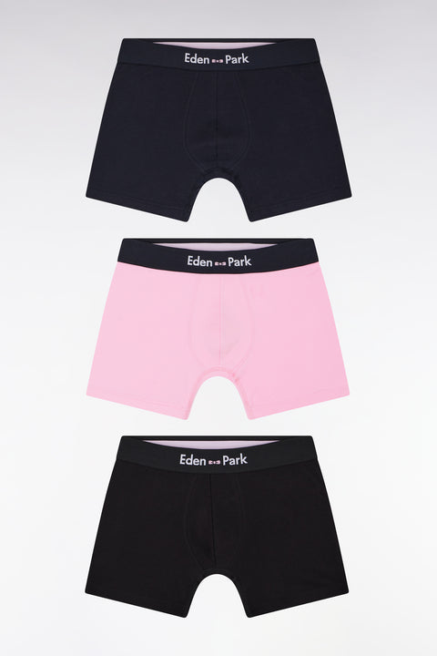 Set of three plain black, navy and pink cotton jersey boxer shorts - Image 1