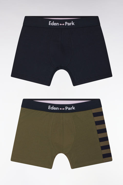 Set of two boxer shorts in navy and khaki stretch cotton jersey with hooped details - Image 1