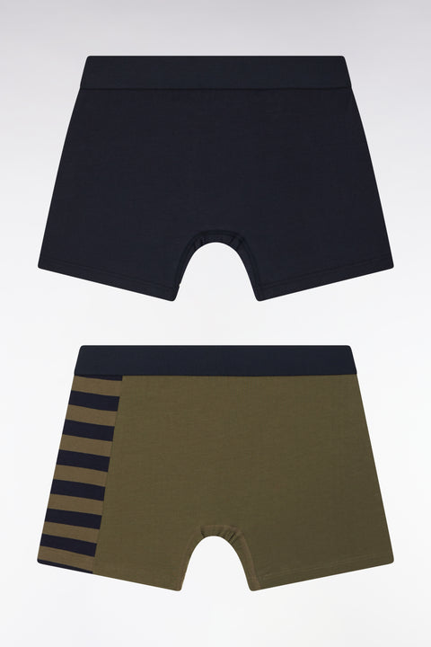 Set of two boxer shorts in navy and khaki stretch cotton jersey with hooped details - Image 2