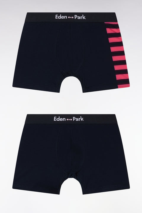 Set of two boxer shorts in navy and fuchsia stretch cotton jersey with hooped details - Image 1