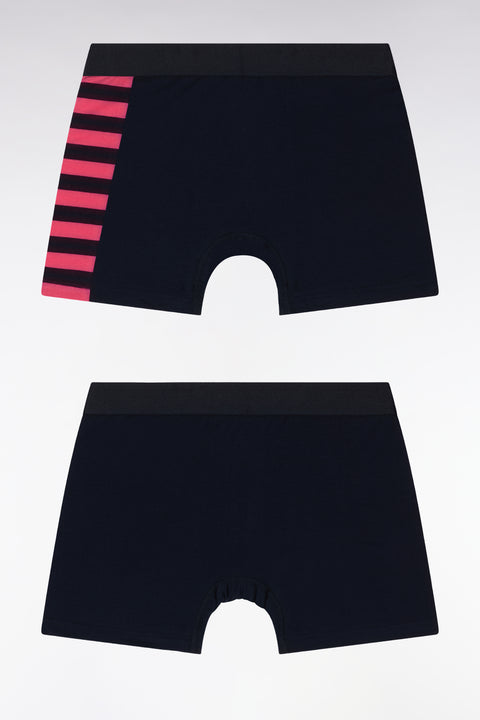 Set of two boxer shorts in navy and fuchsia stretch cotton jersey with hooped details - Image 2