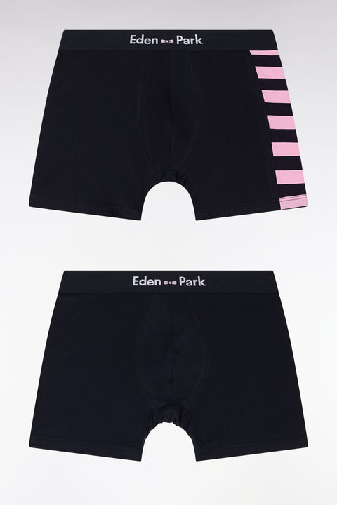 Set of two boxer shorts in navy and pink stretch cotton jersey with hooped details - Image 1