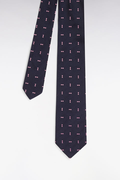 Cravate en soie marine à micromotifs nœuds papillon rose - Image 1