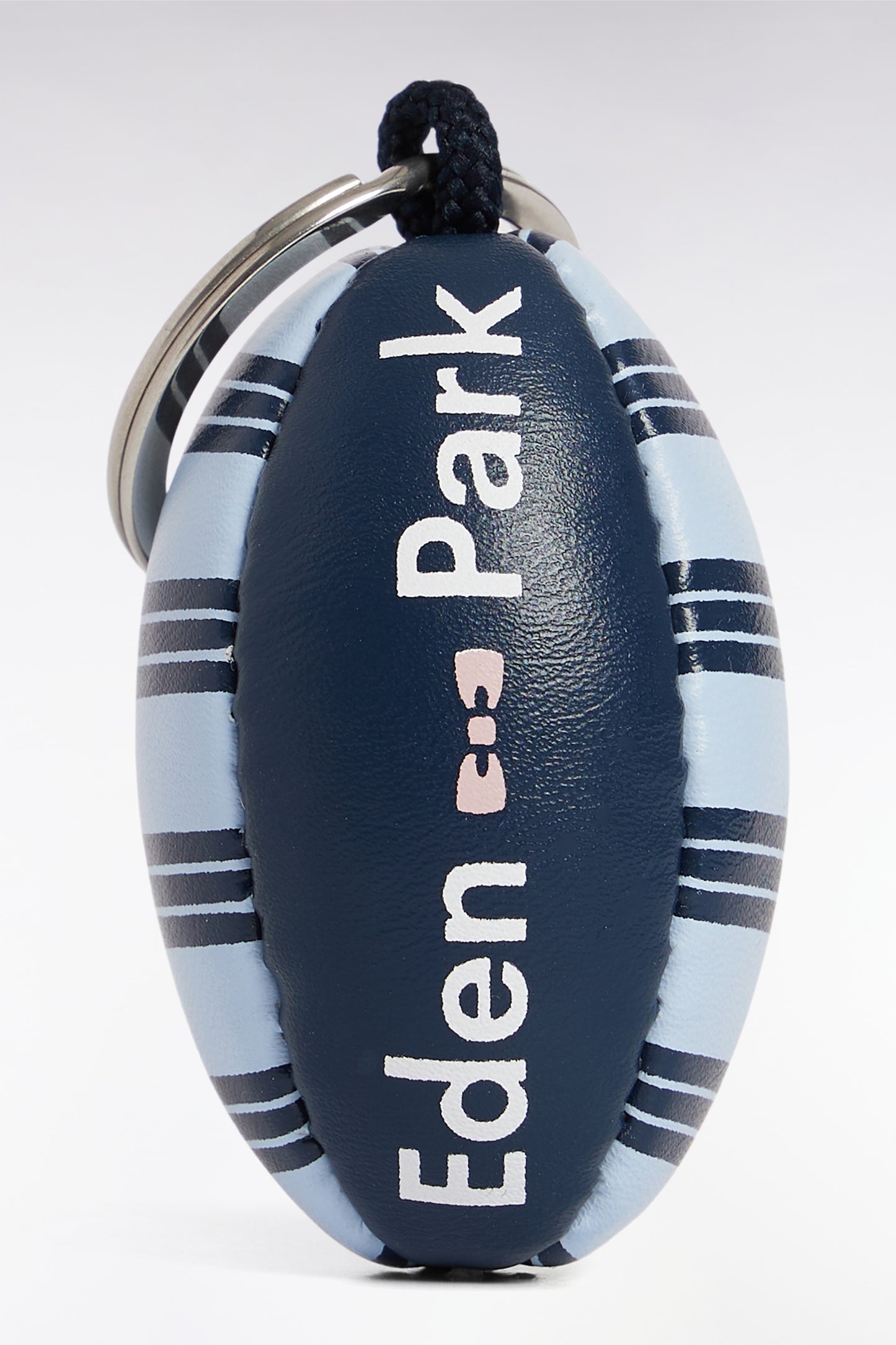 Sky and navy striped rugby ball key ring