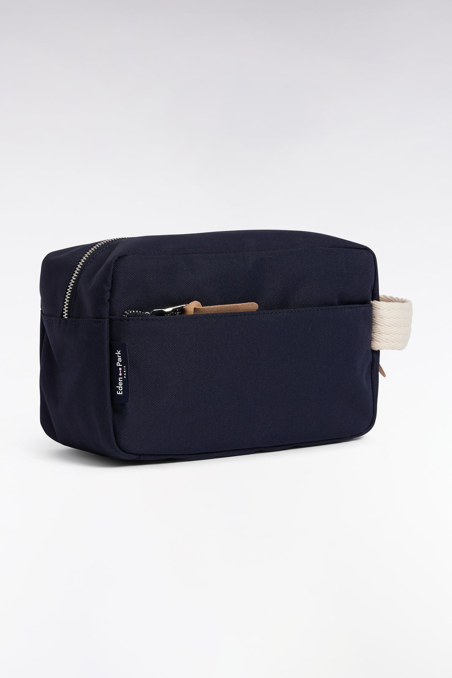 Navy nylon toiletry bag with emblem embroidery