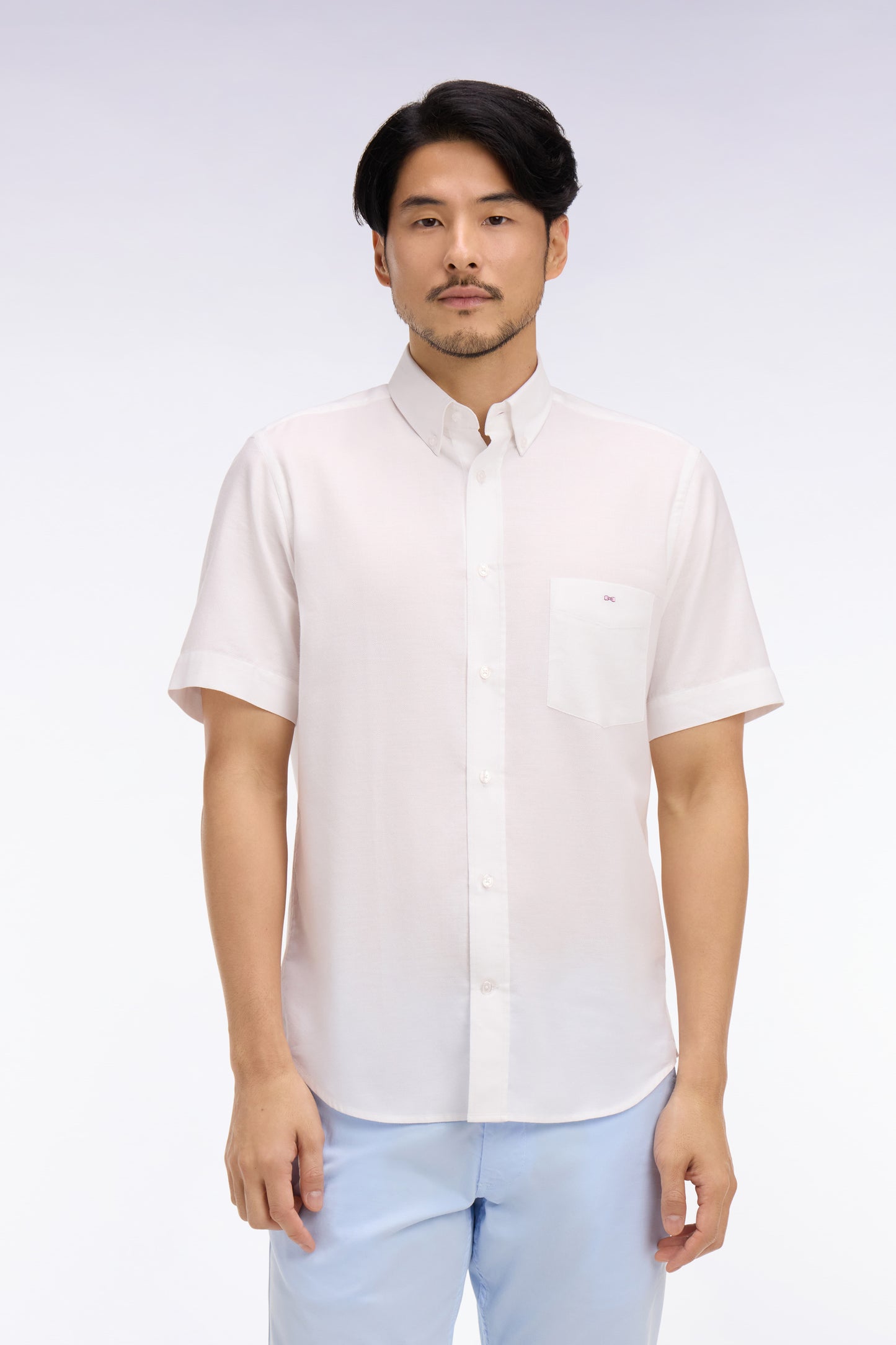 White cotton piqué short-sleeved shirt