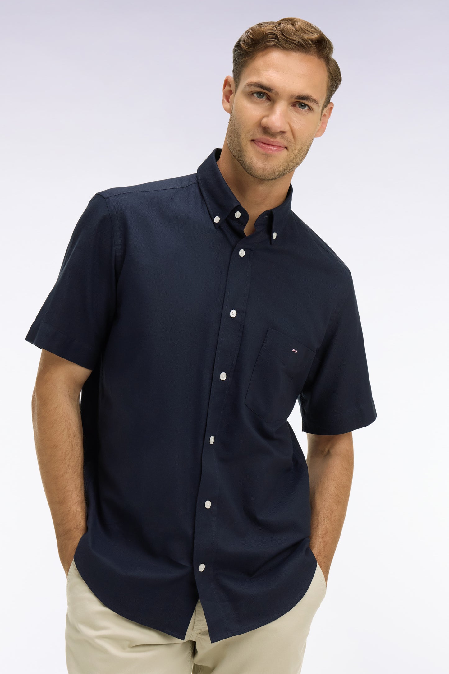 Chemise à manches courtes en piqué coton marine