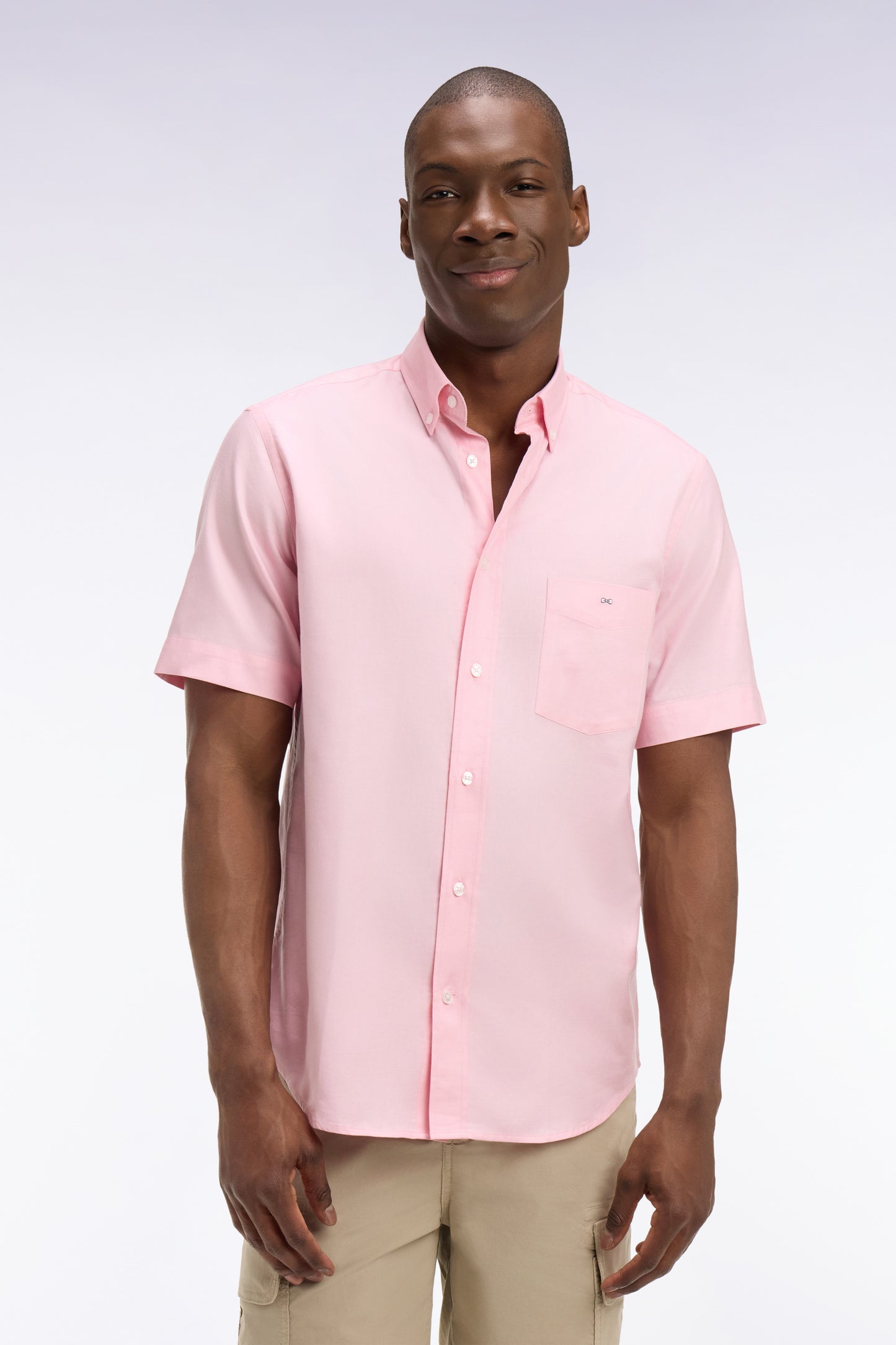 Short-sleeved shirt in pink yarn-dyed cotton