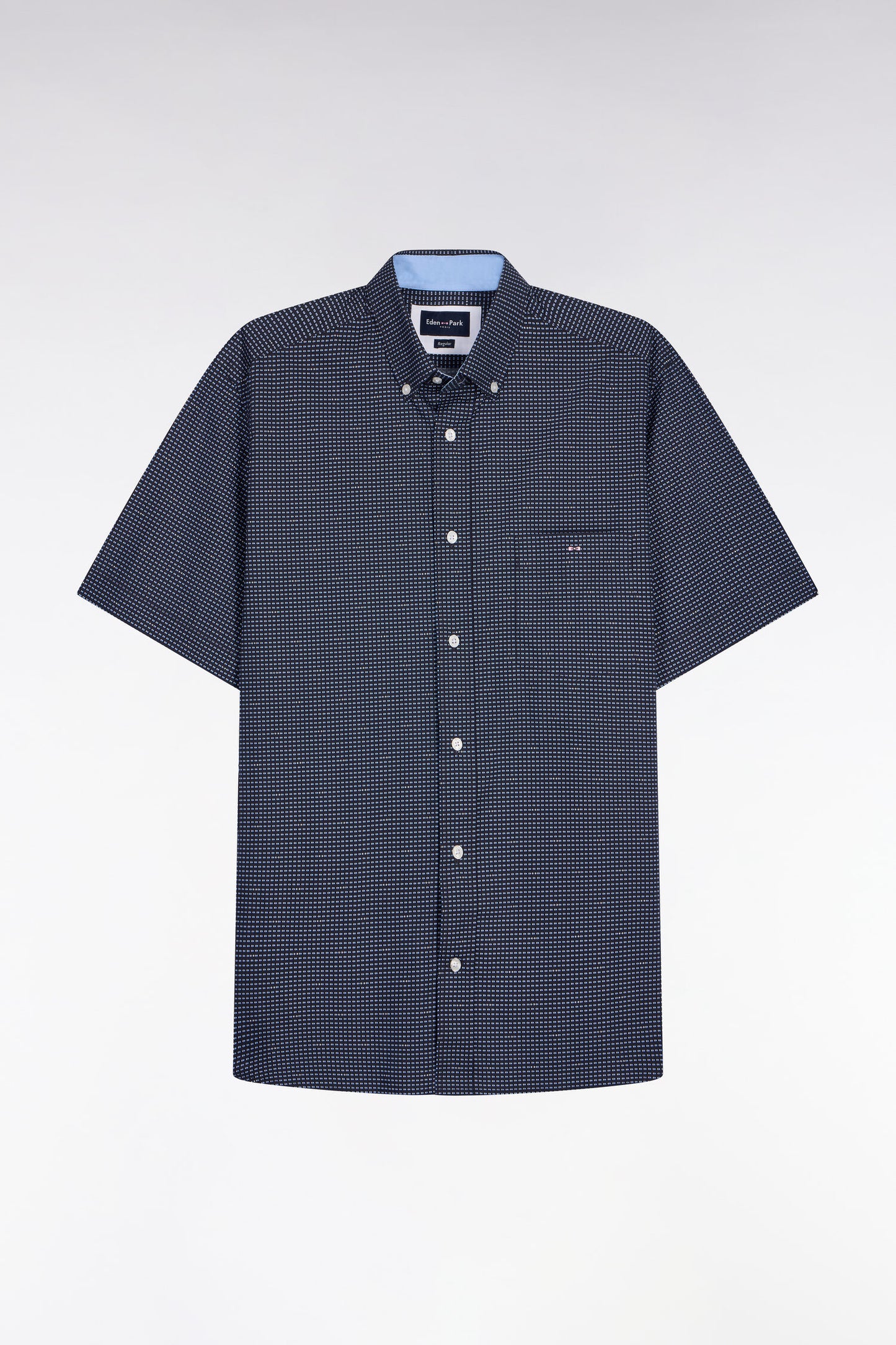 Chemise à manches courtes en coton marine à micromotifs bleu ciel