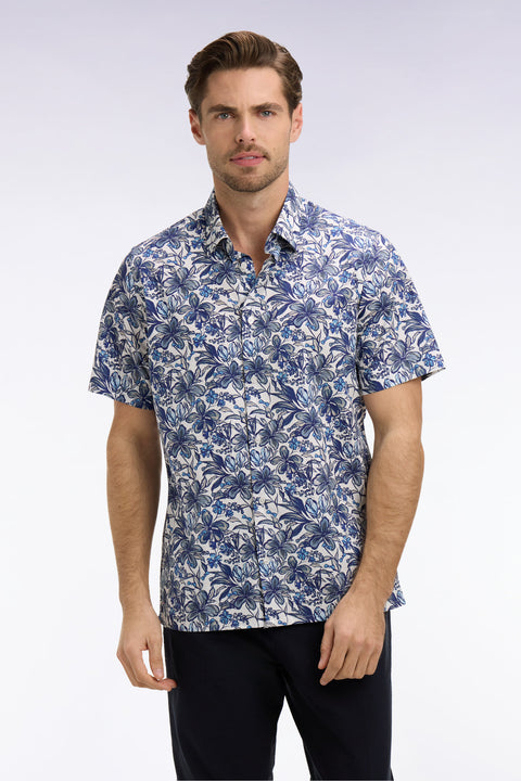 Short-sleeved shirt in navy cotton poplin with floral pattern - Image 3