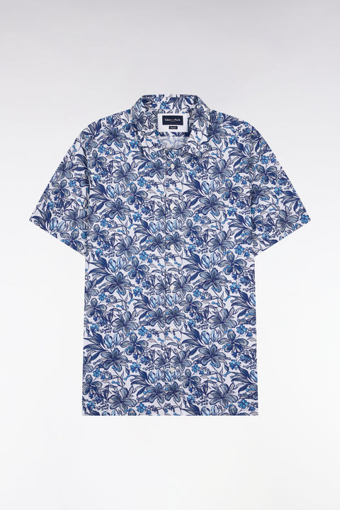 Short-sleeved shirt in navy cotton poplin with floral pattern - Image 2