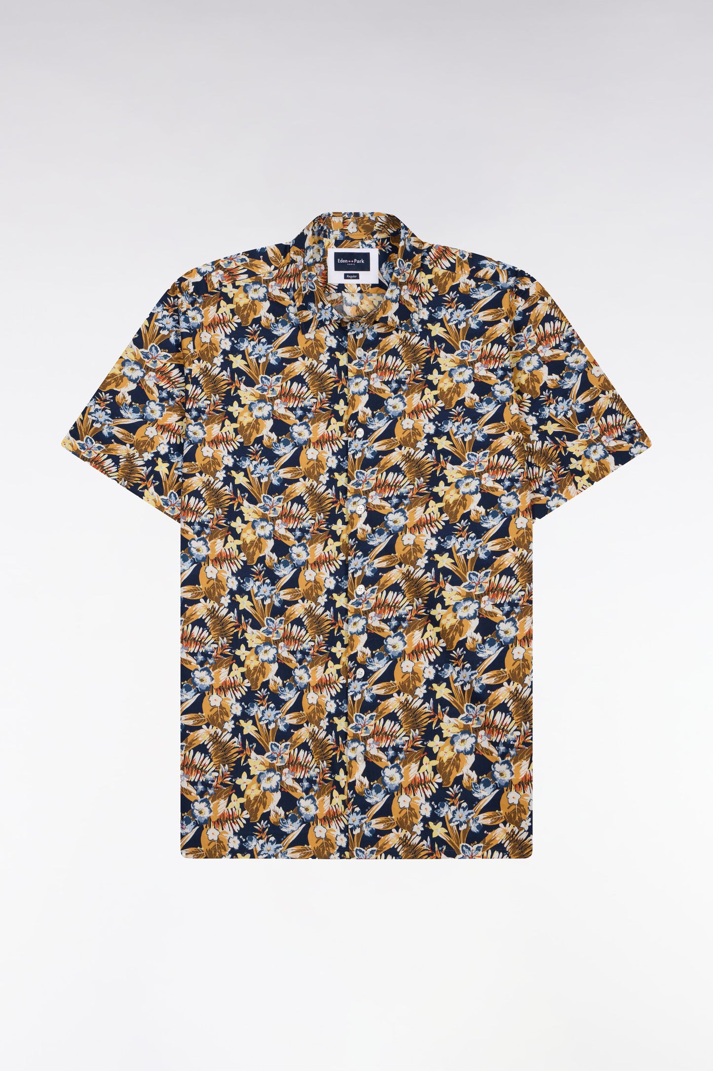 Short-sleeve cotton poplin shirt with yellow floral pattern