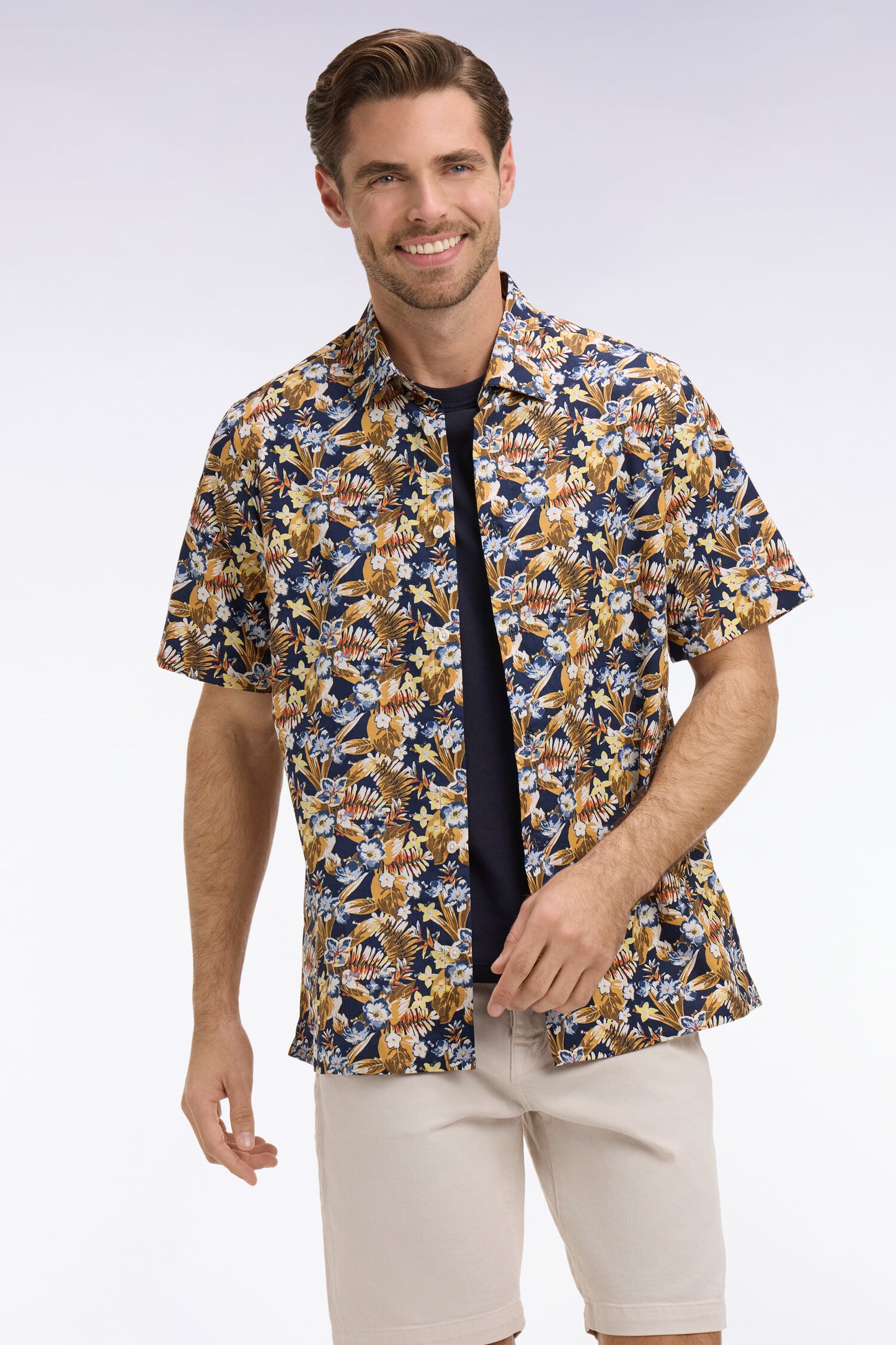 Short-sleeve cotton poplin shirt with yellow floral pattern
