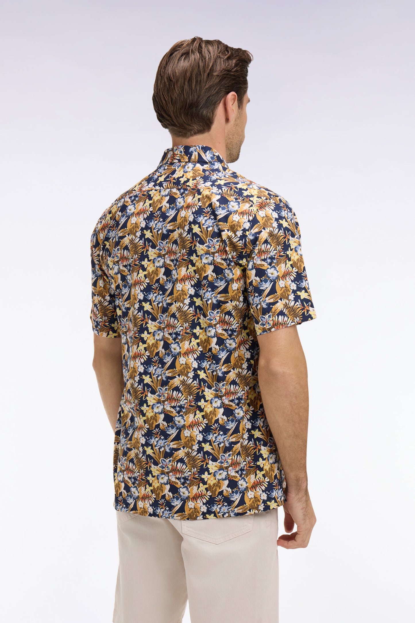 Short-sleeve cotton poplin shirt with yellow floral pattern