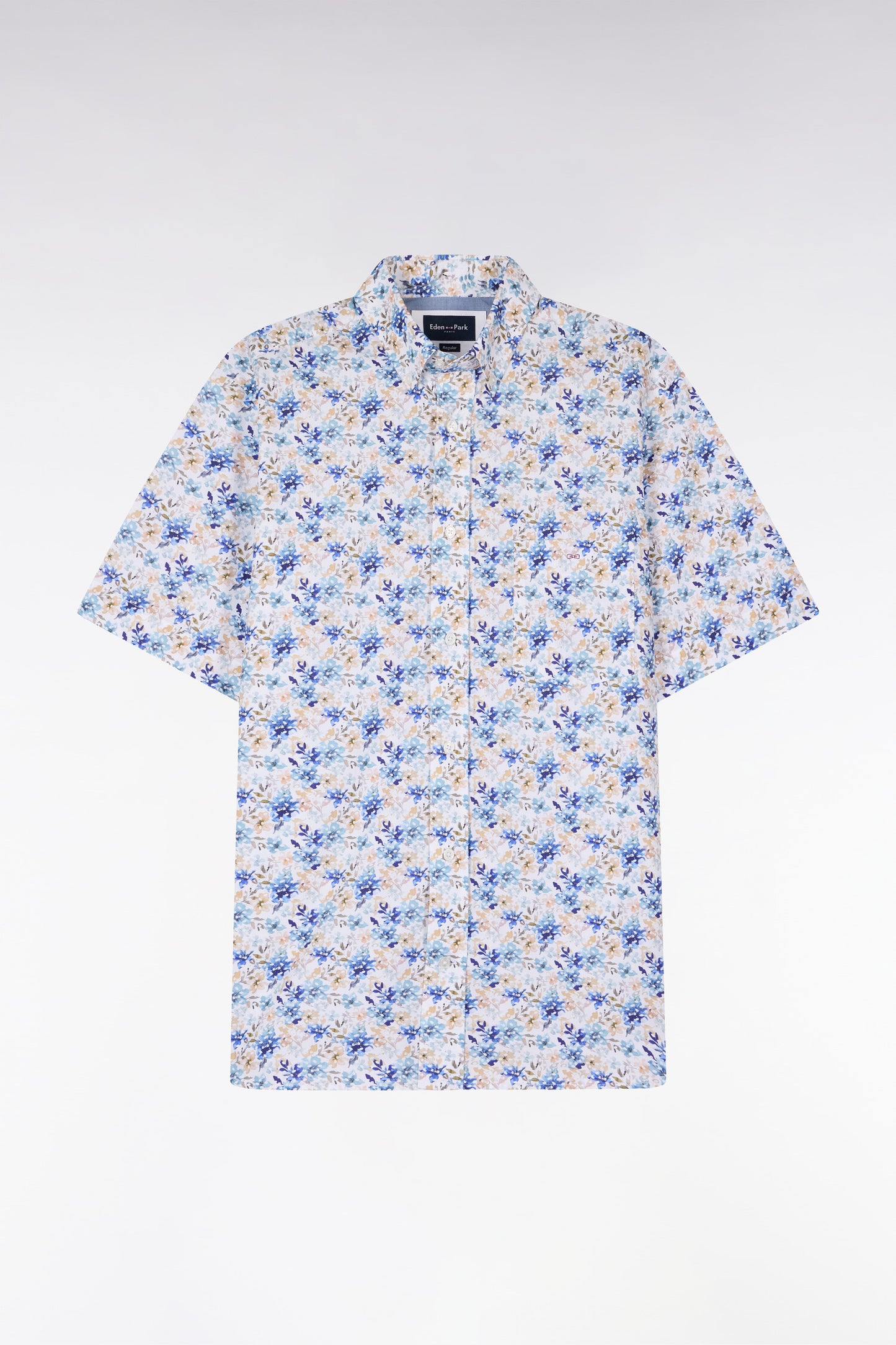 Short-sleeve poplin and chambray shirt with blue floral pattern