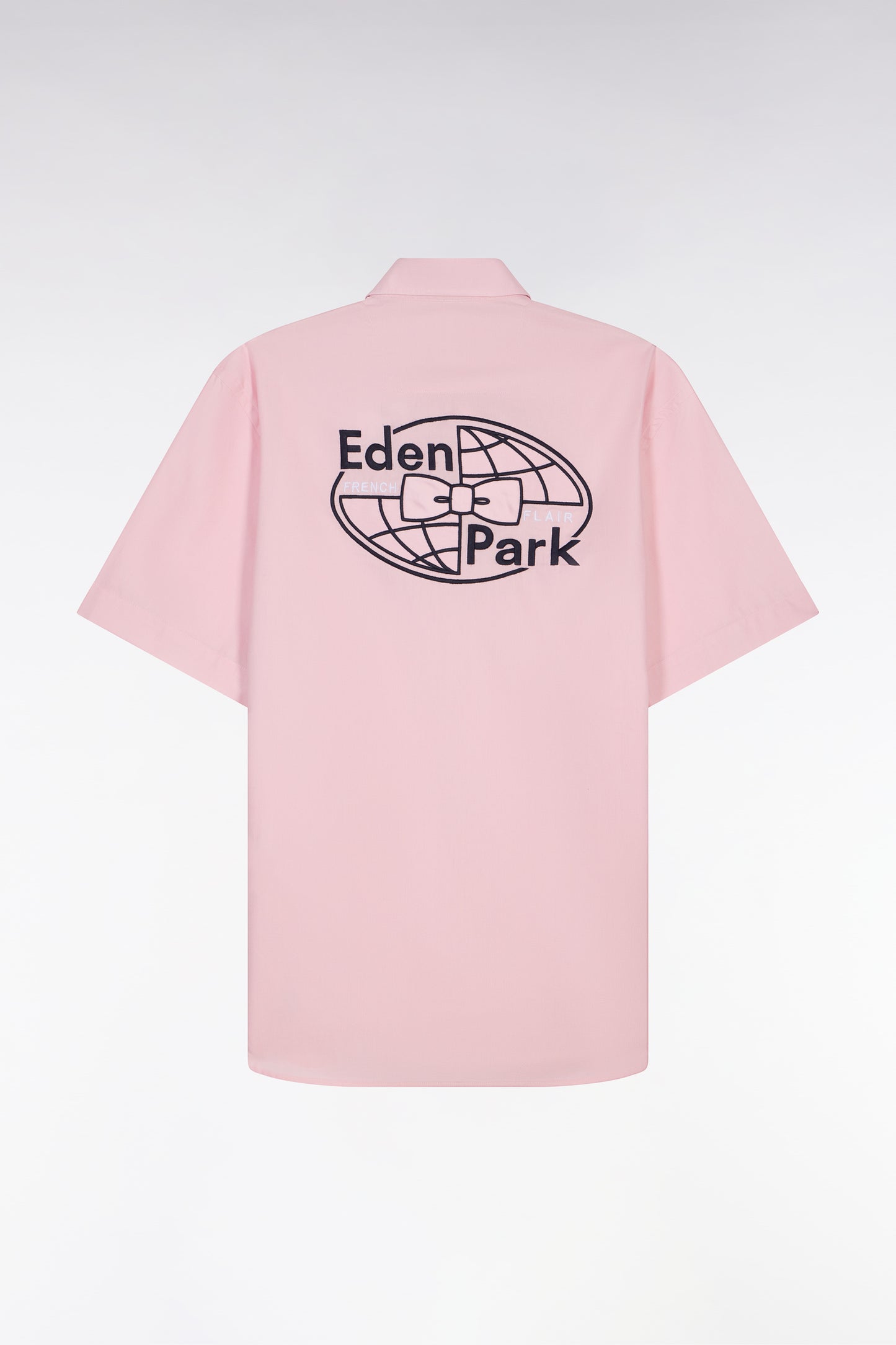 Short-sleeved pink cotton shirt with back embroidery