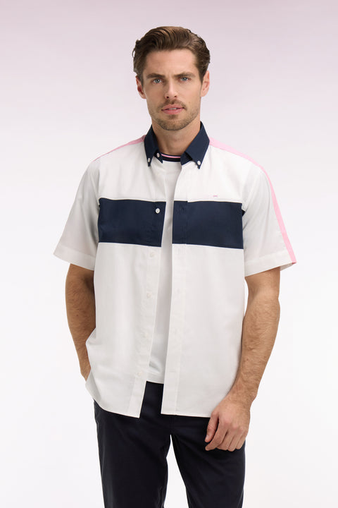 Short-sleeved white and navy cotton shirt with back embroidery - Image 3