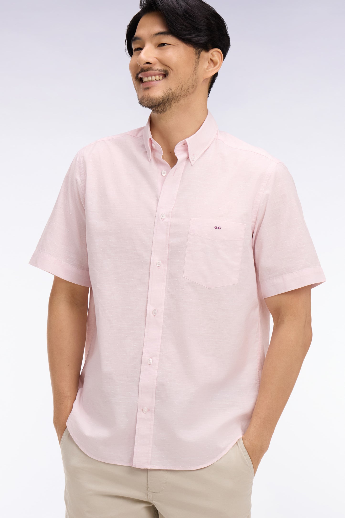 Chemise à manches courtes en coton jacquard rose