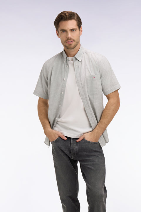 Chemise à manches courtes en coton jacquard rayé kaki - Image 1