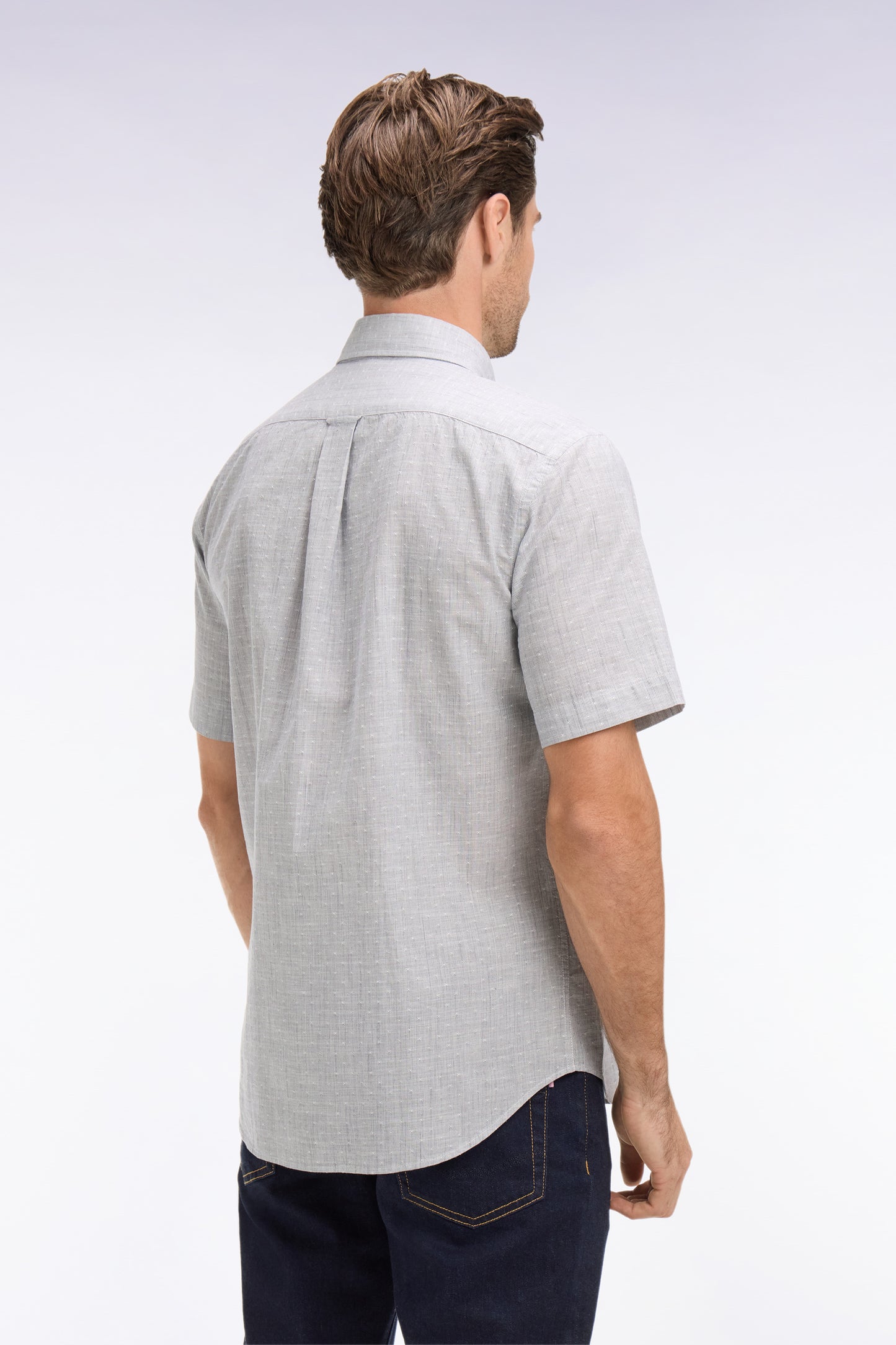 Chemise à manches courtes en coton jacquard rayé kaki