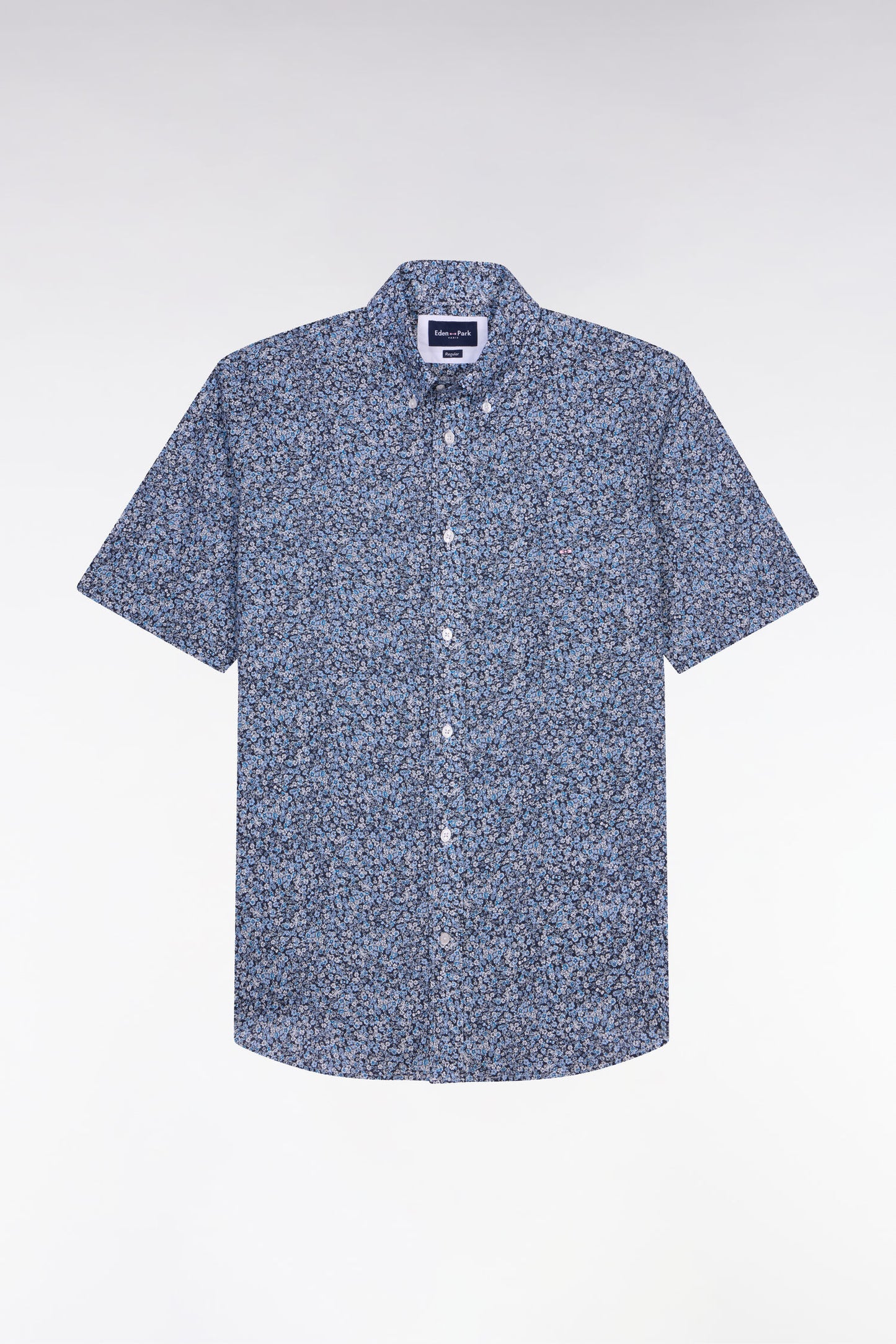 Short-sleeved blue cotton shirt with floral micro-pattern