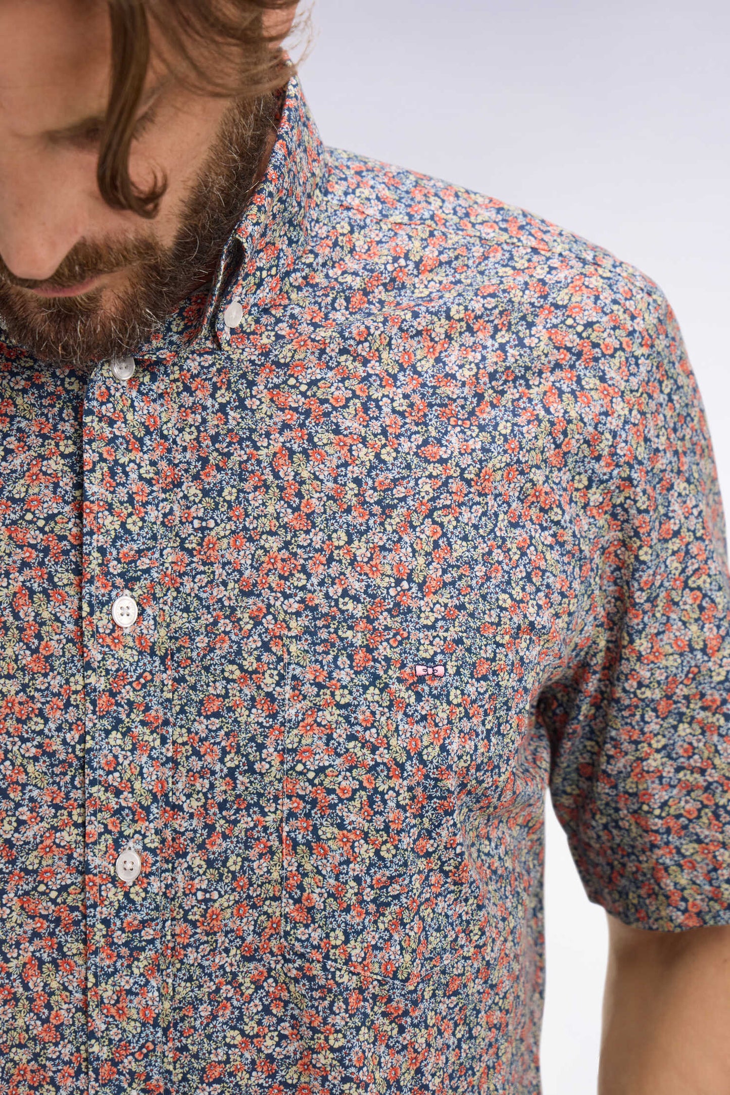 Chemise à manches courtes en coton orange à micromotif floral