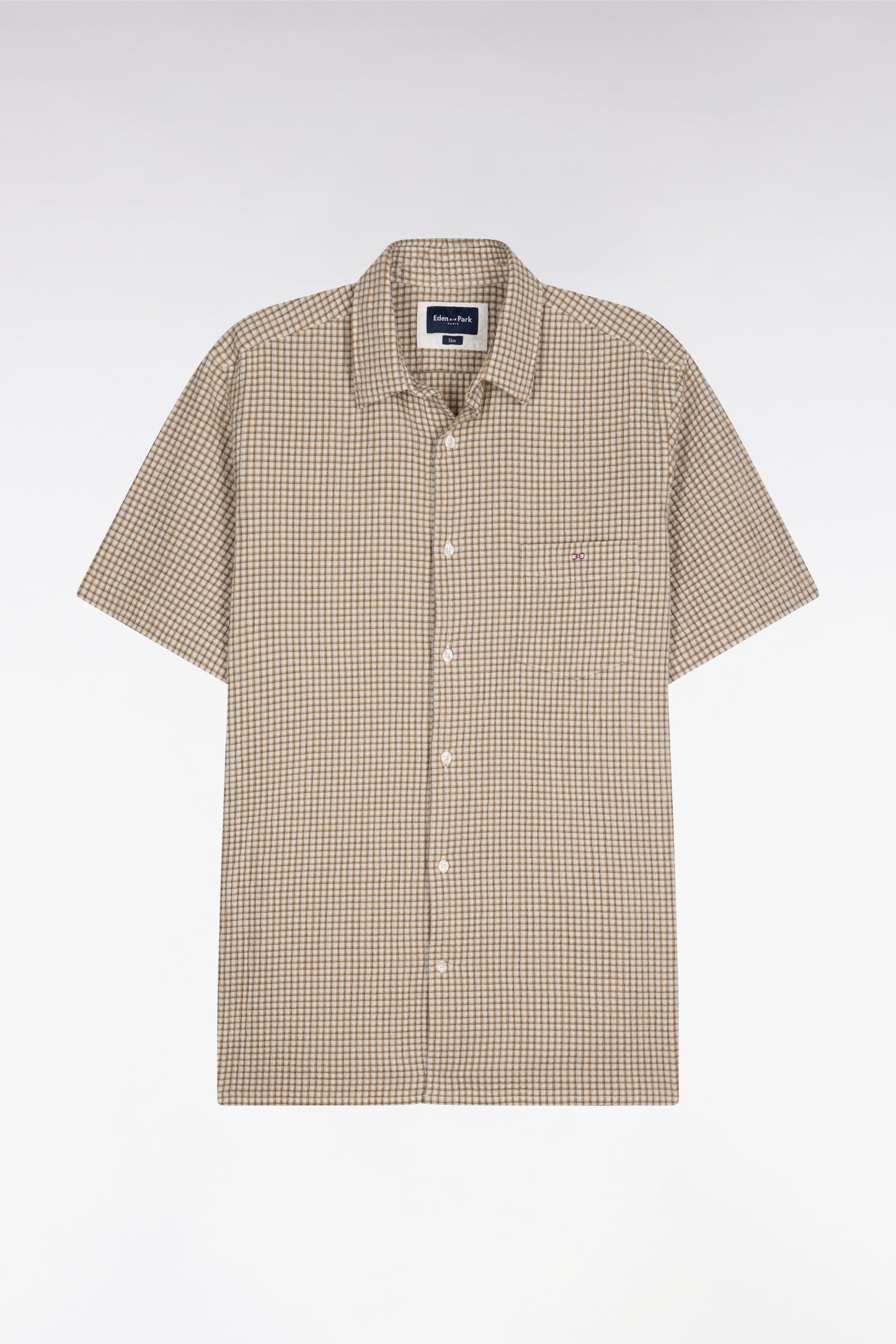 Beige Plaid Seersucker Cotton Short Sleeve Slim Fit Shirt