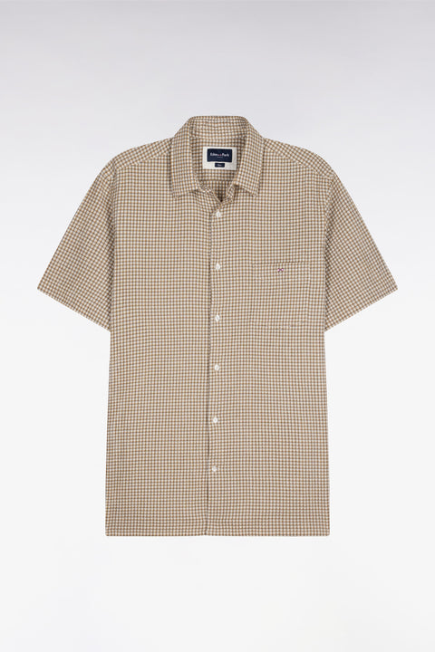 Beige Plaid Seersucker Cotton Short Sleeve Slim Fit Shirt - Image 2