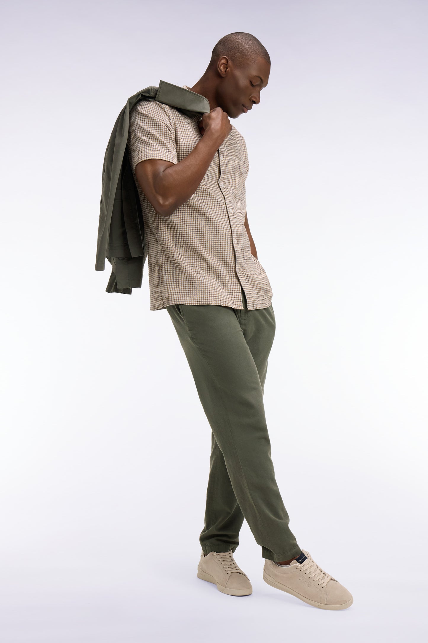 Beige Plaid Seersucker Cotton Short Sleeve Slim Fit Shirt