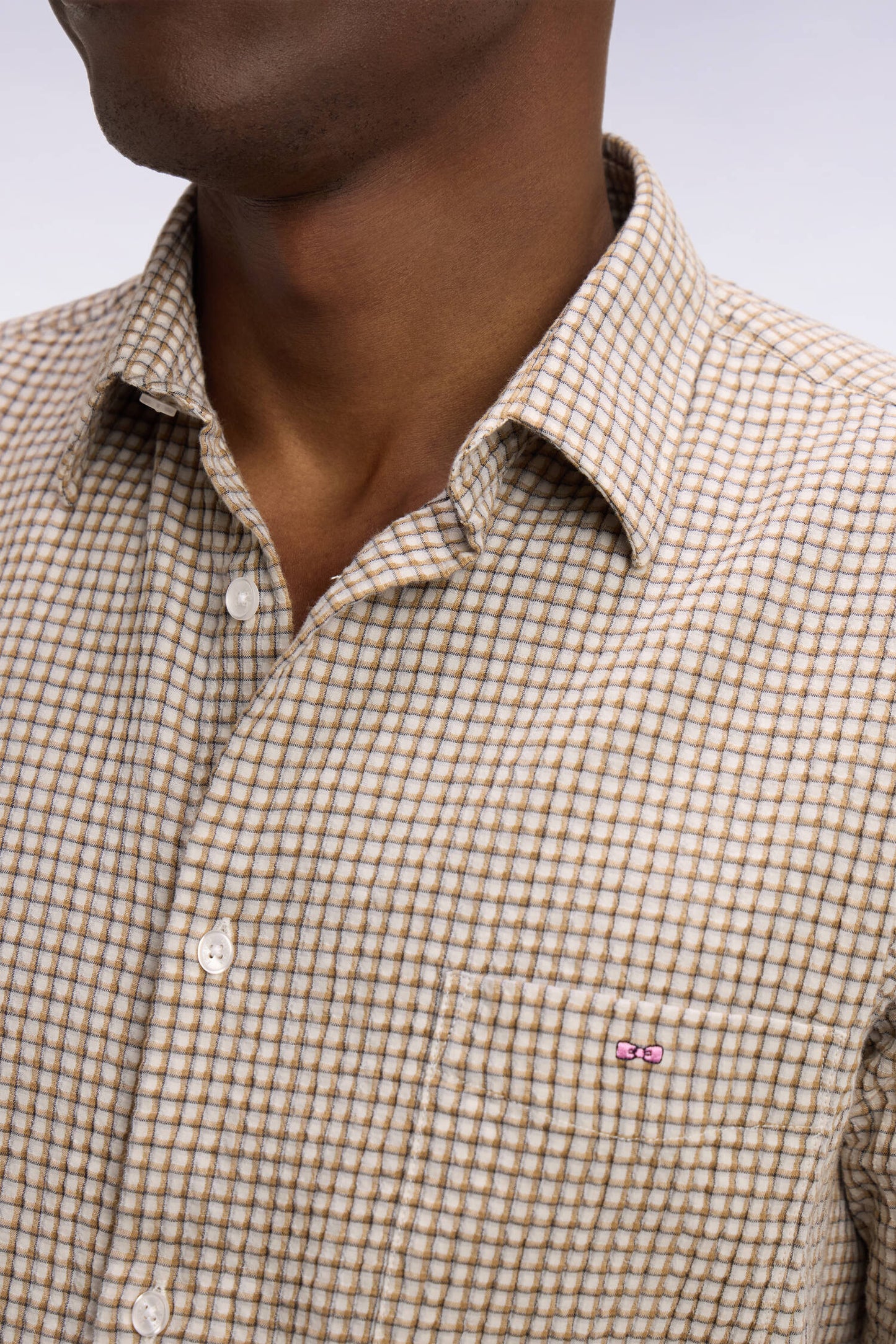 Beige Plaid Seersucker Cotton Short Sleeve Slim Fit Shirt